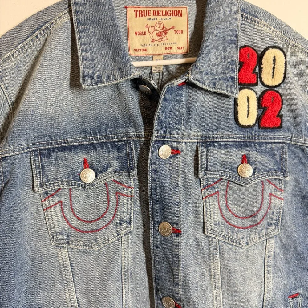 NWT Vintage inspired True Religion Denim Jacket Y2K 2002 Patches Medium Wash L